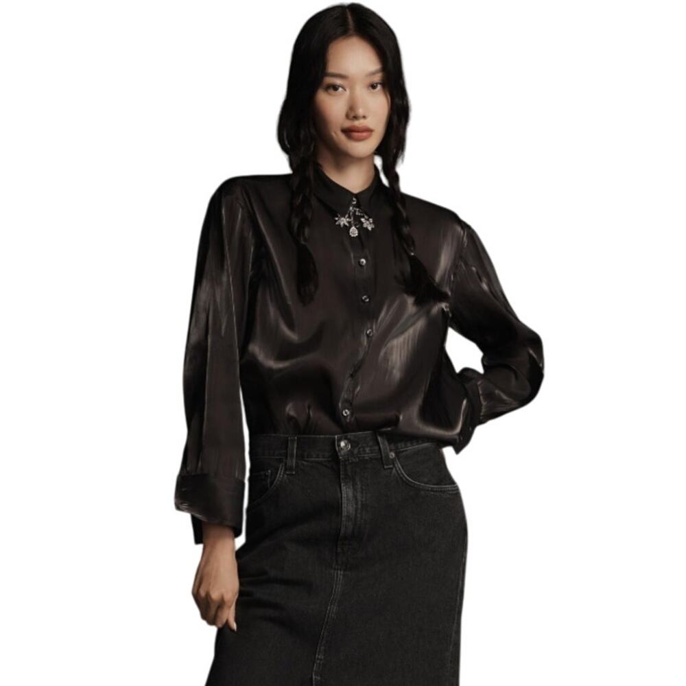 By Anthropologie Silky Black Iridescent Button down Shirt